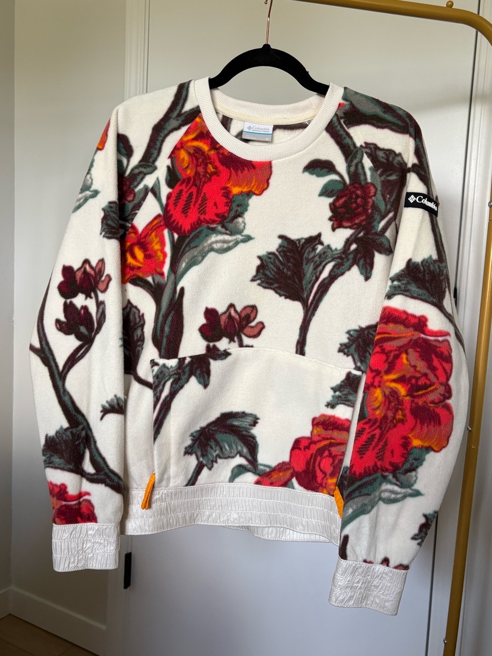Columbia Ivory Fleece Crewneck with Red & Green Floral Print